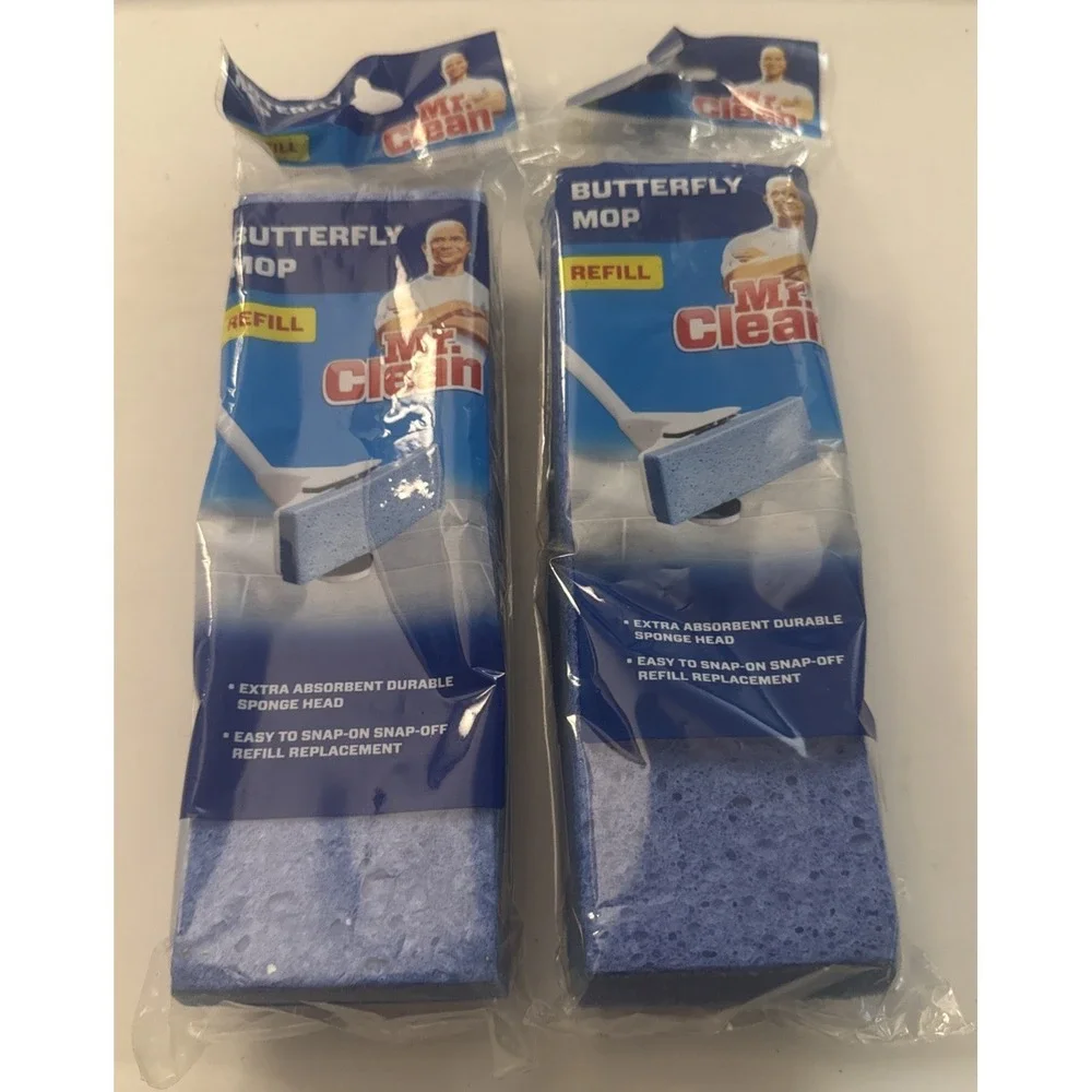 Mr. Clean Butterfly Mop Refill Sponge with Snap On/Off Plastic Head 2 New